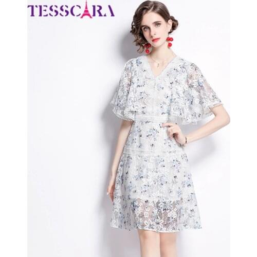 TESSCARA Women Summer Elegant Lace Dress Festa High Quality White Wedding Party Robe Femme Runway A-Line Designer Short Vestidos