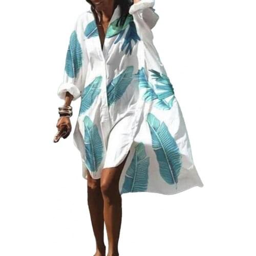 70% Hot Sell Office Lady Dress Long Sleeve Floral Leaf Print Single-breasted Knee-length Loose Shirt Dress for Beach