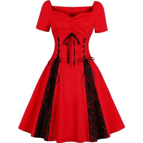 2020 Red Black Patchwork Gothic Punk Steampunk Dress Lace Up Retro Vintage Swing Cotton Streetwear 50s 60s Rockabilly Jurken