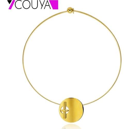 Gold Round Pendant Necklace Rolo Chain Stainless Steel Choker Thin Necklace Pendant for Women European Style