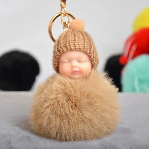 1pc Sleeping Baby Doll Pompoms Keychain Fluffy Rabbit Fur Ball Woman Bag Accessories Plush Keychain Kawaii Baby Dolls For Girls