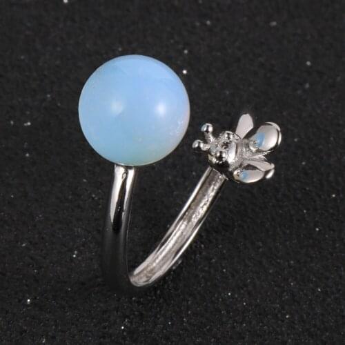 2020 New Strange Animal Ladybug Silver Plated Adjustable Rings Women Girls Round Natural Stone Beads Knuckles Ring Jewelry