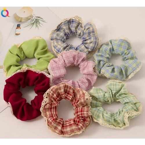 2021 Summer Lace Plaid Fabric Scrunchies Women Girls Elastic Hair Rubber Bands Accessories Tie Hair Ring Rope Holder Headdress