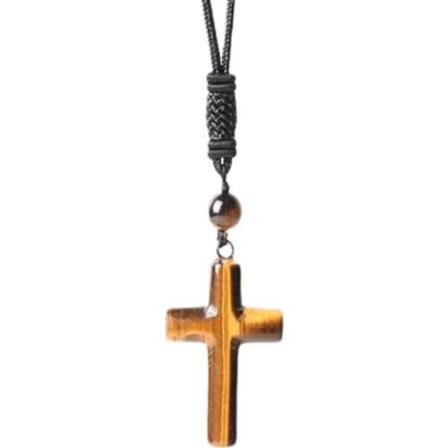 FYJS Unique Classic Style Natural Tiger Eye Stone Cross Pendant Handmade Weave Rope Chain Necklace Rose Pink Quartz Jewelry