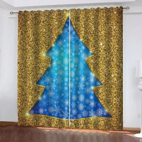 Customized size Luxury Blackout 3D Window Curtains gold christmas blue tree curtain soundproof windproof curtains