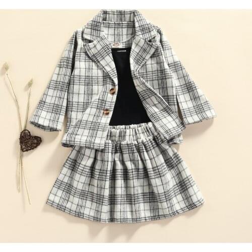 3Pcs Fashion Kids Girls Clothes Autumn Outfit Plaid Long Sleeve Lapel Suit Coat Tops + Mini Skirt + Solid Color Camisole