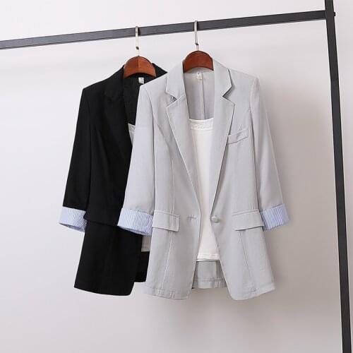 Fashion Cotton linen Women Blazer Jacket Plus size Single button Ladies Suit Coat Elegant Slim Female Blazers Black Light gray