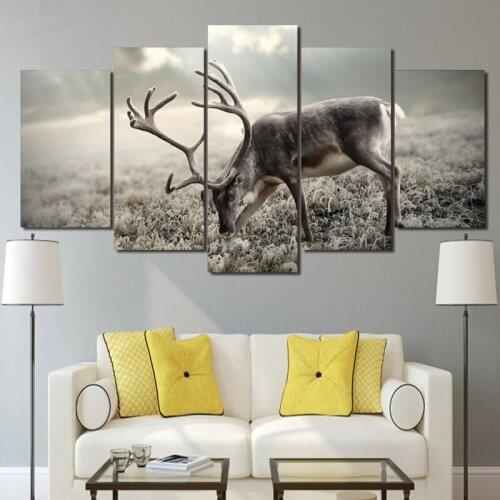 Framed HD Printed Modular Pictures Frame Home Wall Art Decor Poster 5 Pieces Winter Forest Animal Deer Landscape Canvas