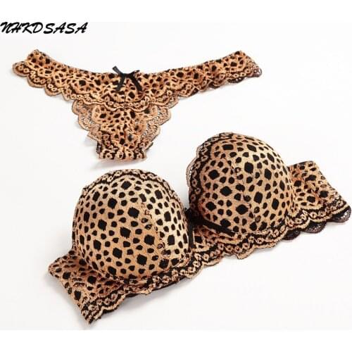 NHKDSASA 80 95BC Pink Bra G String Sexy Leopard Women Bra Set Hollow Out Push Up Lace Thong Underwear Panty Luxury Bra Brief Set