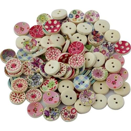 100pcs 2 Holes Colorful Retro Floral Print Round Wooden Buttons DIY Scrapbooking Decoration 15mm Dropshipping