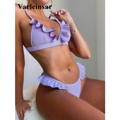 2021 Sexy Ruffled Purple Bikini Women Swimwear Female Swimsuit Two-pieces Bikini set Padded Bather Bathing Suit Swim Lady V2763