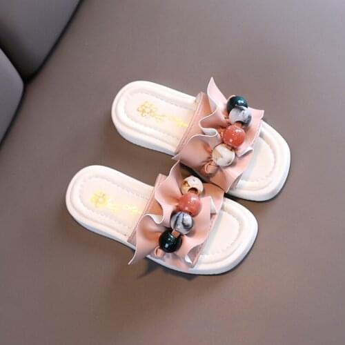 Slippers Girl Summer Sandals Flat Shoes Children Beading Pleated Non-Slip Outdoor Cute Fashion Kids Slides Flip Flops