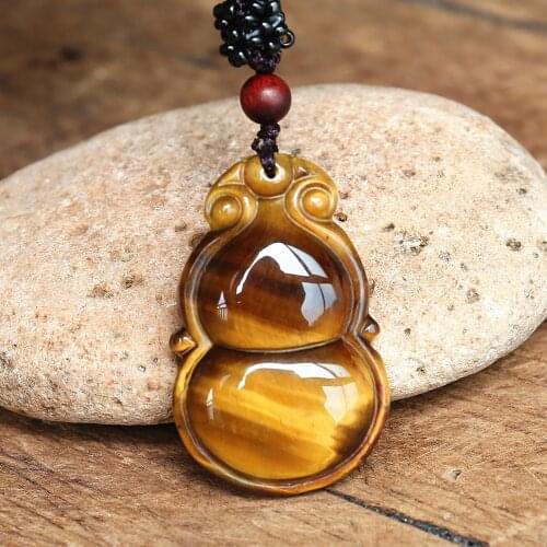 Tiger Eye Stone Carved Pendant Necklace Natural Stone Gourd Fulu Lucky Energy Necklace Women Men Fashion Jewelry