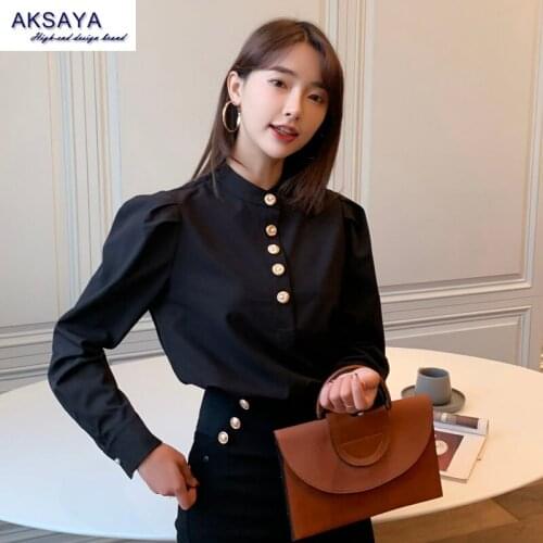 New Original Design Fashion Korean Style Women Dress Shirt White Long Sleeve Women Blouse Vintage Stand Collar Office Lady Shirt