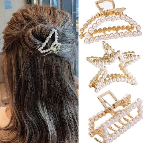 Women Girls Geometric Imitation Pearl Hair Claw Clamps Hair Crab Moon Shape Hair Clip Claws Solid Color Accessories Hairpin