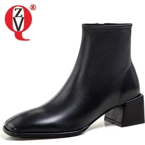 ZVQ Women winter New Style Leisure Solid color Genuine Leather short boots Square Toe Concise Mature office lady Pumps Heels