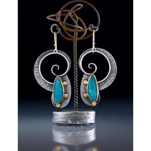Boho Ethnic Blue Opal Stone Spirals Dangle Earrings for Women Girl Vintage Handmade Metal Swirl Shape Drop Earring Pendientes