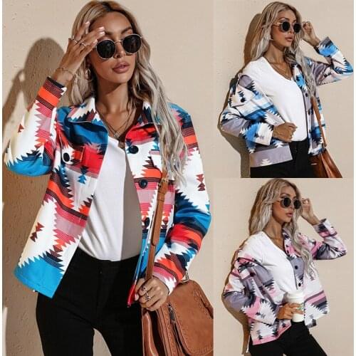 Women Jackets Autumn Long Sleeve Print Color Patchwork Winter Female Blazer Turn-down Collar Outwear Casual Short Coats C2848