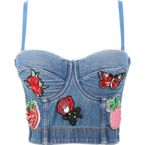 Denim Sexy Bustier Top Flower Butterfly embroidery Decoration Pin Push Up Bustier Womens Bralette Cropped Top Vest Corset