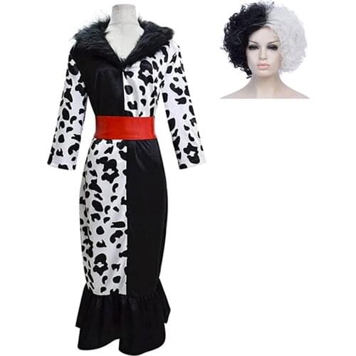 Cruella De Vil Cosplay Costume Black and White Dress Warm Casual Suit with Wig Women Halloween Party Clothing for Performance