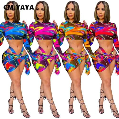 CM.YAYA Summer Tie Dye Wave Beach Womens Set Sexy Bikinis Set and Tie Up Mini Skirts Matching Three Piece Set Swimsuit Outfits