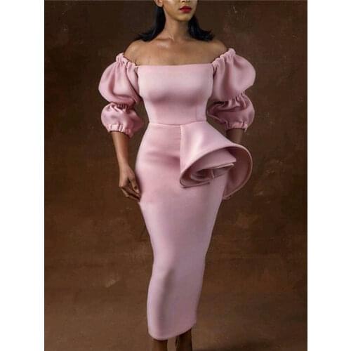 Women Off Shoulder Pink Dress Lantern Sleeve Midi Elegant Sheath Plus Size Celebrate Dinner Party Birthday Evening Bodycon Dress