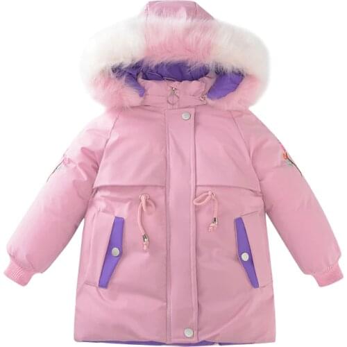 Winter new girls cotton padded jacket top middle and large childrens medium length embroidered down cotton thickened jacket