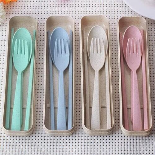 A2027 Wheat creative children travel portable tableware box student chopsticks fork spoon three-piece set