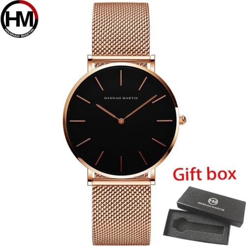 Hannah Martin Top Brand Luxury Watches Women Stainless Steel Mesh Belt Watch Japan Quartz Movement Clock Ladies Wrist Watch