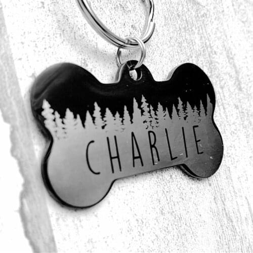 Black Stainless Steel Dog Bone Tag Keychain Custom Mountain Style ID Tags Personalized Outdoor Dog Name Key Ring For Pet Collar