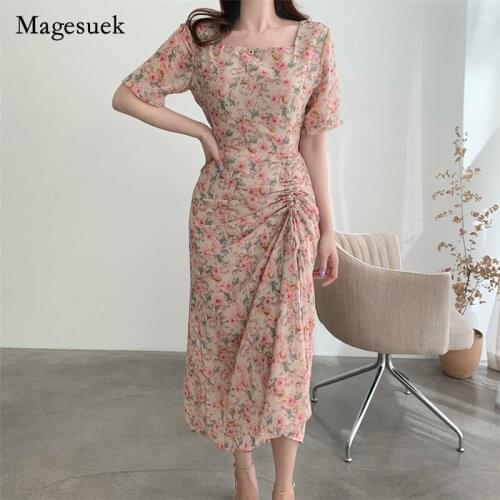 Elegant Square Collar Floral Dress Women Summer 2021 Chic Plus Size Print Dress Pleated Waist Thin Party Dresses Vestidos 14536
