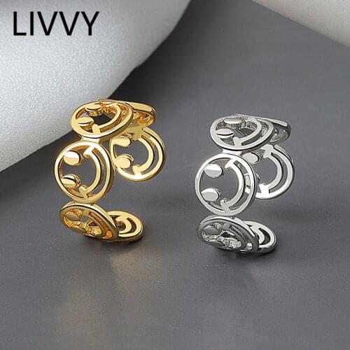 LIVVY Silver Color Vintage Personality Hollow Smile-Face Adjustable Thai Silver Ring For Women Jewelry 2021 Trend