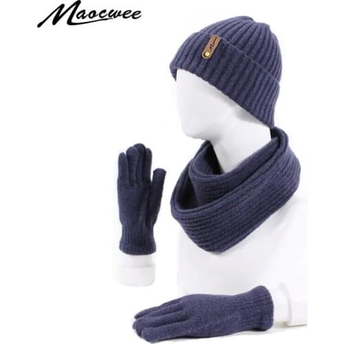 Winter Women Mens Hat Scarf Gloves Set Knitted Outdoor Warm Thicken Unisex 3 Pieces Set Casual Solid Color Hat Scarf Gloves Set