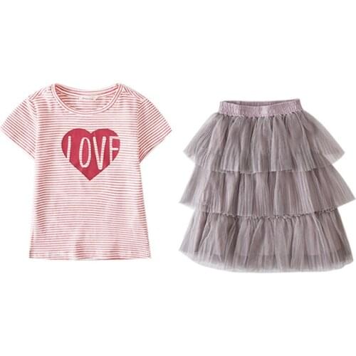Summer Teen Girls Outfits Clothing Set Kids Love Striped T Shirt Mesh Skirt Suit Children Clothes for Girls 6 8 10 12 14 Years