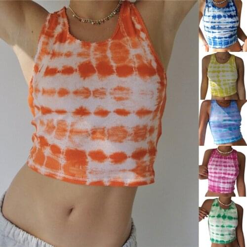 Tank Tops Sexy Crop Vest Womens Tie-Dye Sleeveless Bare Midriff Summer Fashion Clothes Streetwear Clubwear Tee Shirt Femme