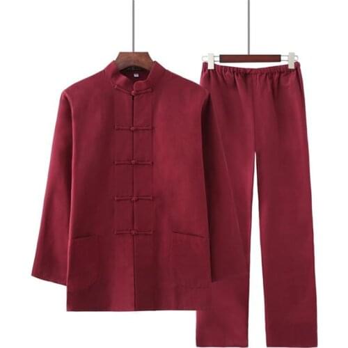 Large size Mens 100% Cotton Solid Color Kung Fu Suit Chinese Style Wu Shu Shirt&Trousers Sets wine red Tai Chi Clothing M-4XL