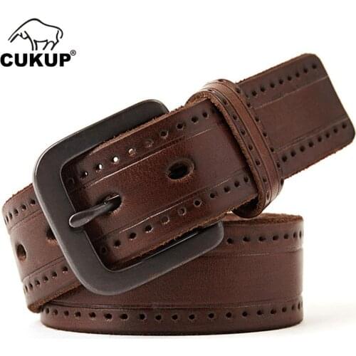CUKUP Mens Top Quality Coffee Dots Cow Leather Belts Pin Buckle Metal Retro Styles Jeans Belt Accessories for Men 2018 NCK332