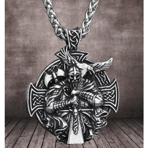 Punk Antique Silver Color Odin Axe And Raven Men Pendant Norse-Cross Helena-Rosova-Viking Necklace Wiccan-Pagan Amulet Jewelry