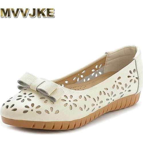 MVVJKE 2018 Bow Genuine Leather Women Shoes Summer Cut Out Flower Women Shoes Soft Bottom Flats Loafers Size 35-41 E123