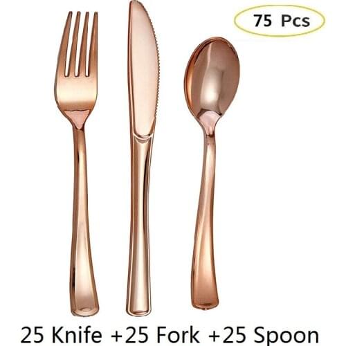 Rose Gold Silverware Wedding Party Utensil set Disposable Plastic Cutlery 75pcs 25set Birthday Golden Dinner Knives Forks Spoon