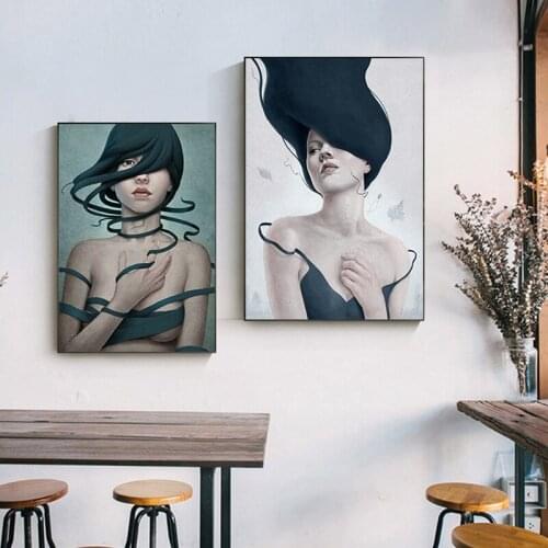 Nordic Wall Art Cuadros Abstract Golden Butterfly Girl Painting for Living Room Hand Drawn Characters Tableaux Big Poster Print