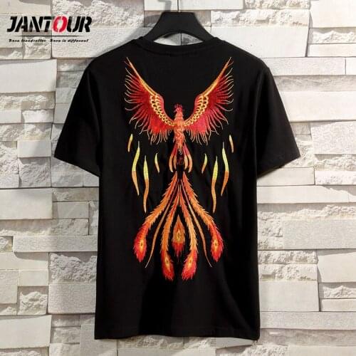 2021 Summer New Retro China Phoenix Heavy Industry Embroidered Shirt Mens Short Sleeve T-Shirt Loose Top Fashion Men Clothing