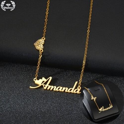 Diamon Personalized Stainless Steel Necklace Zircon Butterfly Heart Custom Name Choker Chain For Women 3 Colors Jewelry Gift