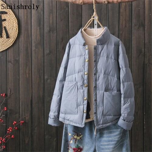 Casual Autumn Winter Coats Women Light White Duck Down Coat Ladies Pockets Stand Collar Jacket Short Single-breasted Parkas Tops