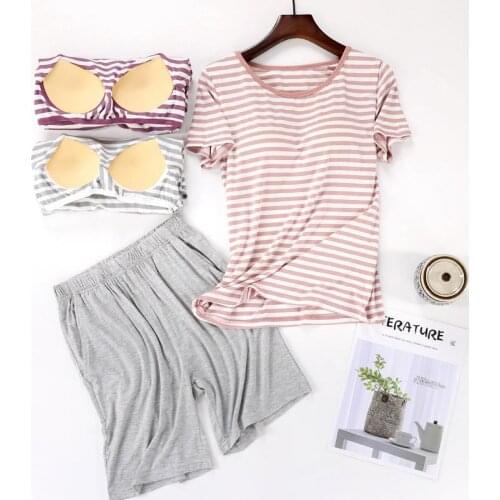 Summer new style comfortable modal striped short-sleeved shorts pajamas set headband ladies thin section home service