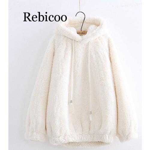 Harajuku Kawaii Plush Hoodie Soft Winter Pullover Women Sweatshirt With Bear Ears Cute Solid Outerwear Hoodies Student Anime Top