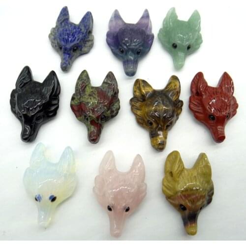 Natural stone fluorite aventurine Quartz Crystal tiger eye Wolf Head shape Pendant for diy jewelry making necklac Accessories2pc