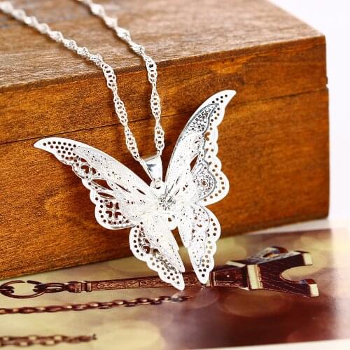 BOTU 2021 Simple Silver Hollow Pointed Butterfly Pendant Necklace Retro Exquisite Three-dimensional Female Jewelry for Women