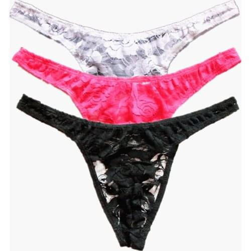 See Through Mens Sissy Thong Underwear Ultra Thin Sexy Men Transparent Thong Flower Lace Gay Male Thong Erotic Wear