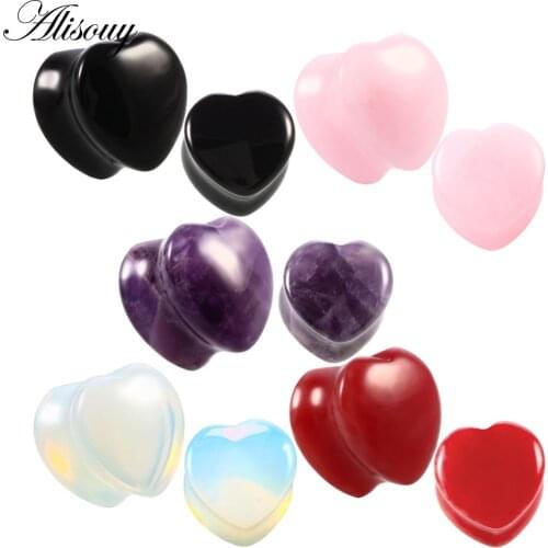 Alisouy 1 Pair Beautiful Pink Heart Stone Ear Plug Fashion Expander Extension Tunnels Piercing Piercing Body Jewelry 6mm-25mm
